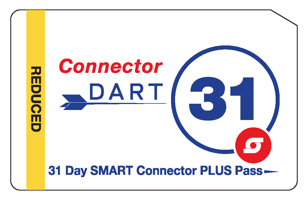 A white 31 Day SMART Connector Plus pass with blue text. The SMART logo is in red at the bottom right corner.